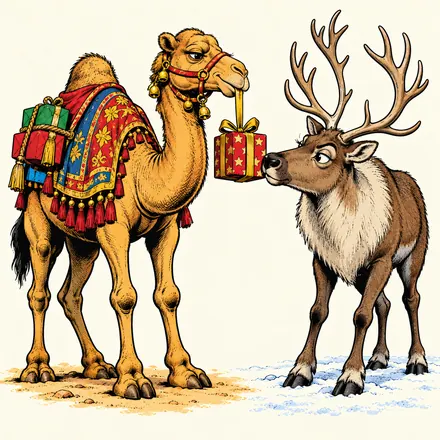 A camel from the Three Kings offers a wrapped present to a suspicious reindeer