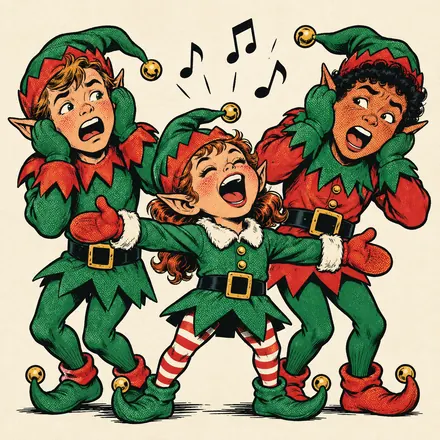 Three elves singing, the smallest hitting a high note while the others cover their ears