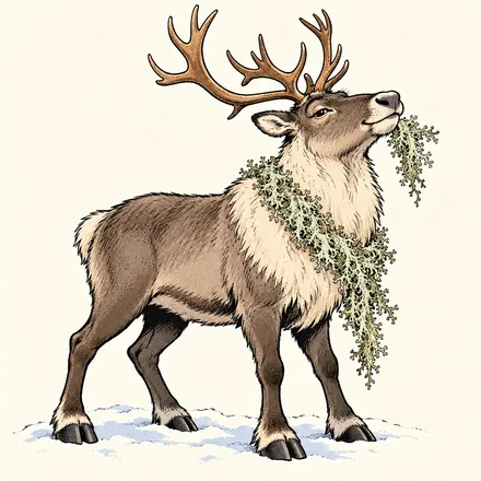 A proud reindeer wearing a long strand of lichen round its neck like a scarf