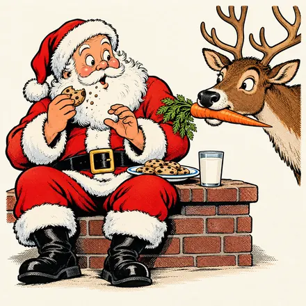 Santa eating a cookie on the hearth while a reindeer sneaks the carrot off his plate