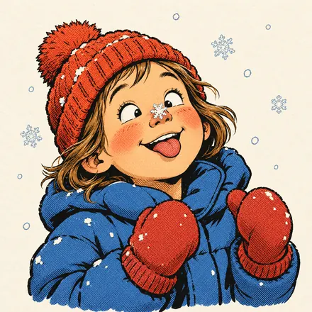 A girl with her tongue out and a snowflake on her nose
