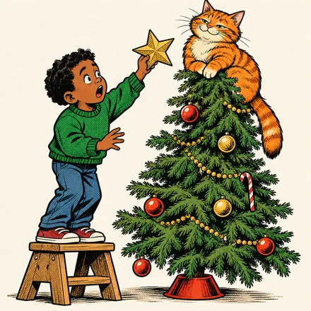 A boy on a step stool holding a gold star while an orange cat sits on top of the Christmas tree