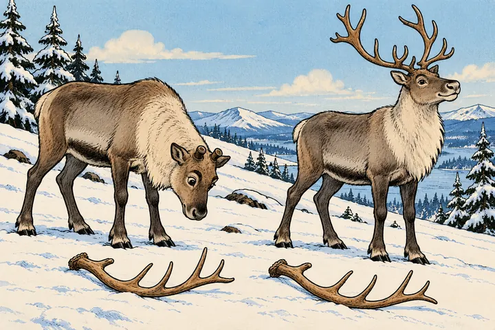 Two reindeer in side view in the snow: the left one has no antlers and its two shed antlers lie apart in front of it; the right one still has its antlers