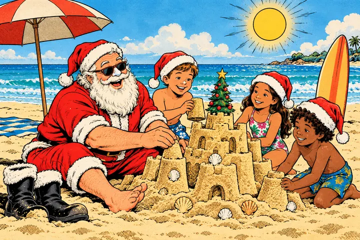 Santa on a sunny beach building a sandcastle with three children in Santa hats