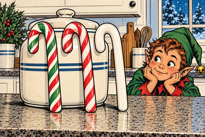 Three candy canes: green and red striped, red and white striped, and plain white, with an elf watching