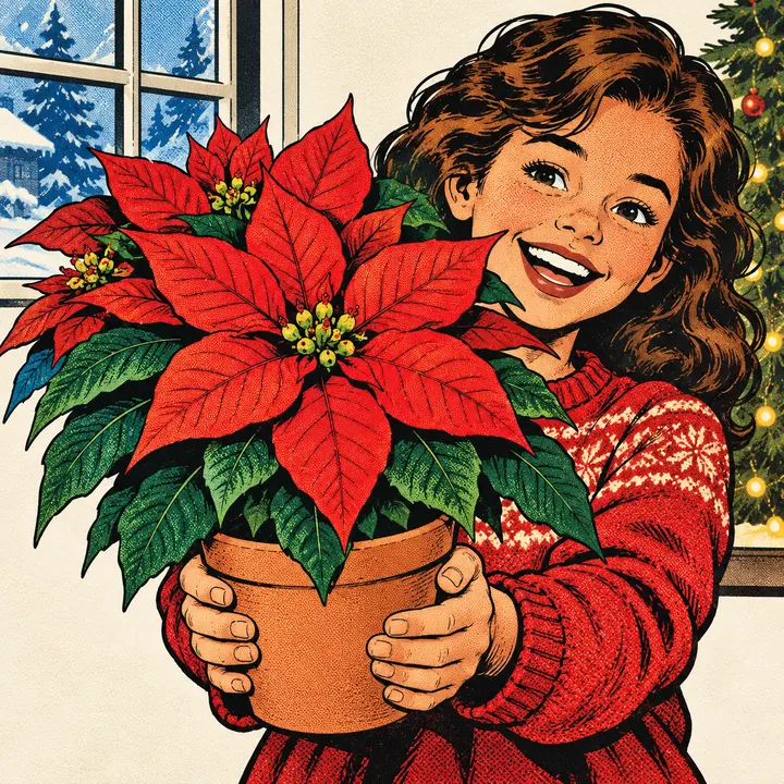 A girl holding up a potted poinsettia with big red parts at the top of its green stems