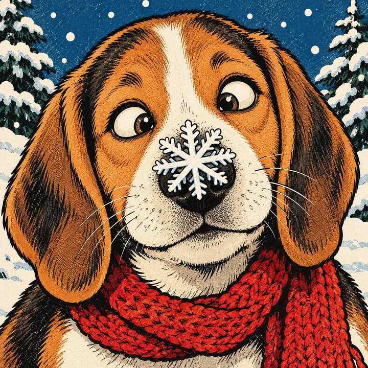 A cross-eyed puppy with a big eight-armed snowflake on its nose
