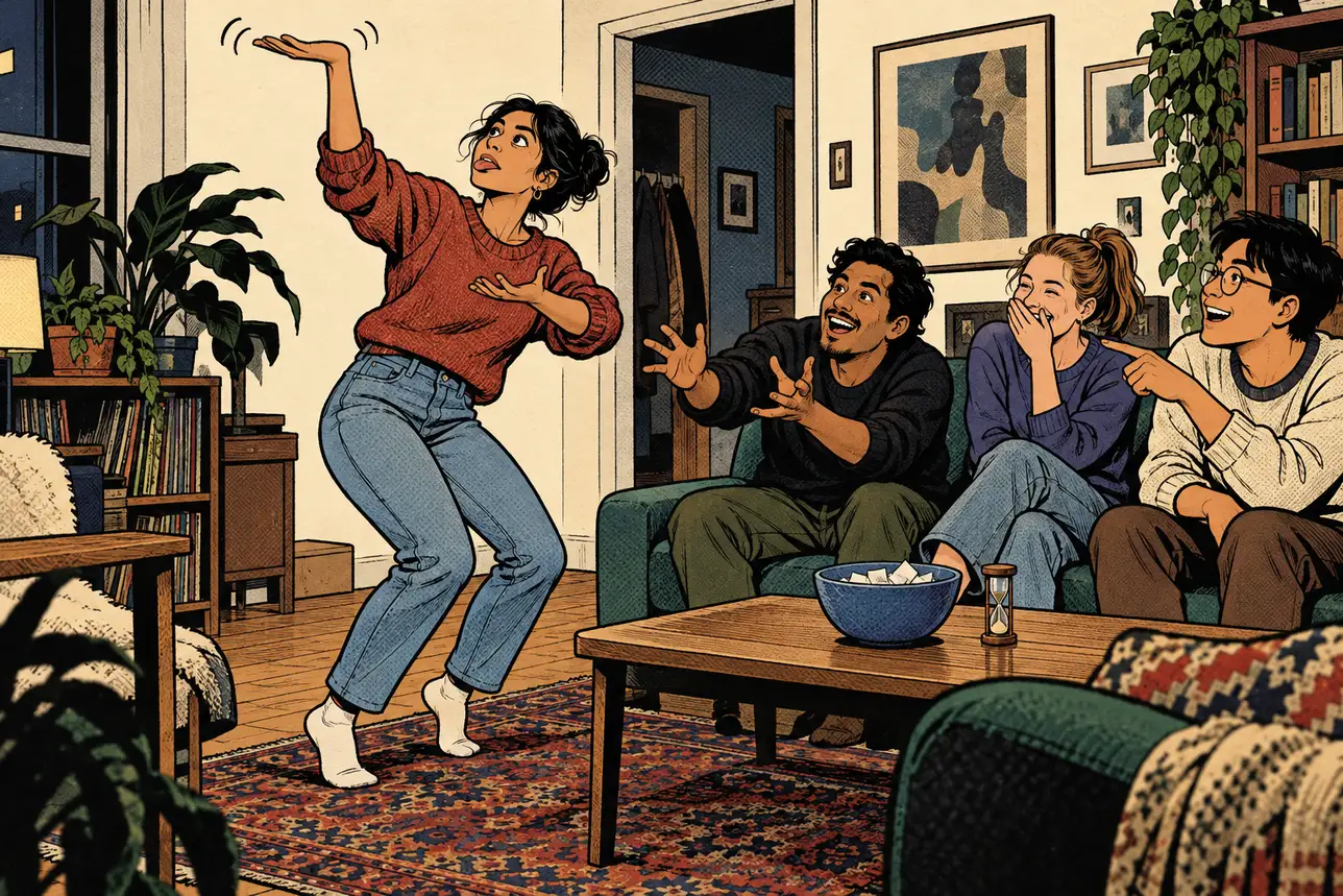 In a game of charades, a woman balances an invisible stack of plates on one raised hand while her friends on the sofa guess.
