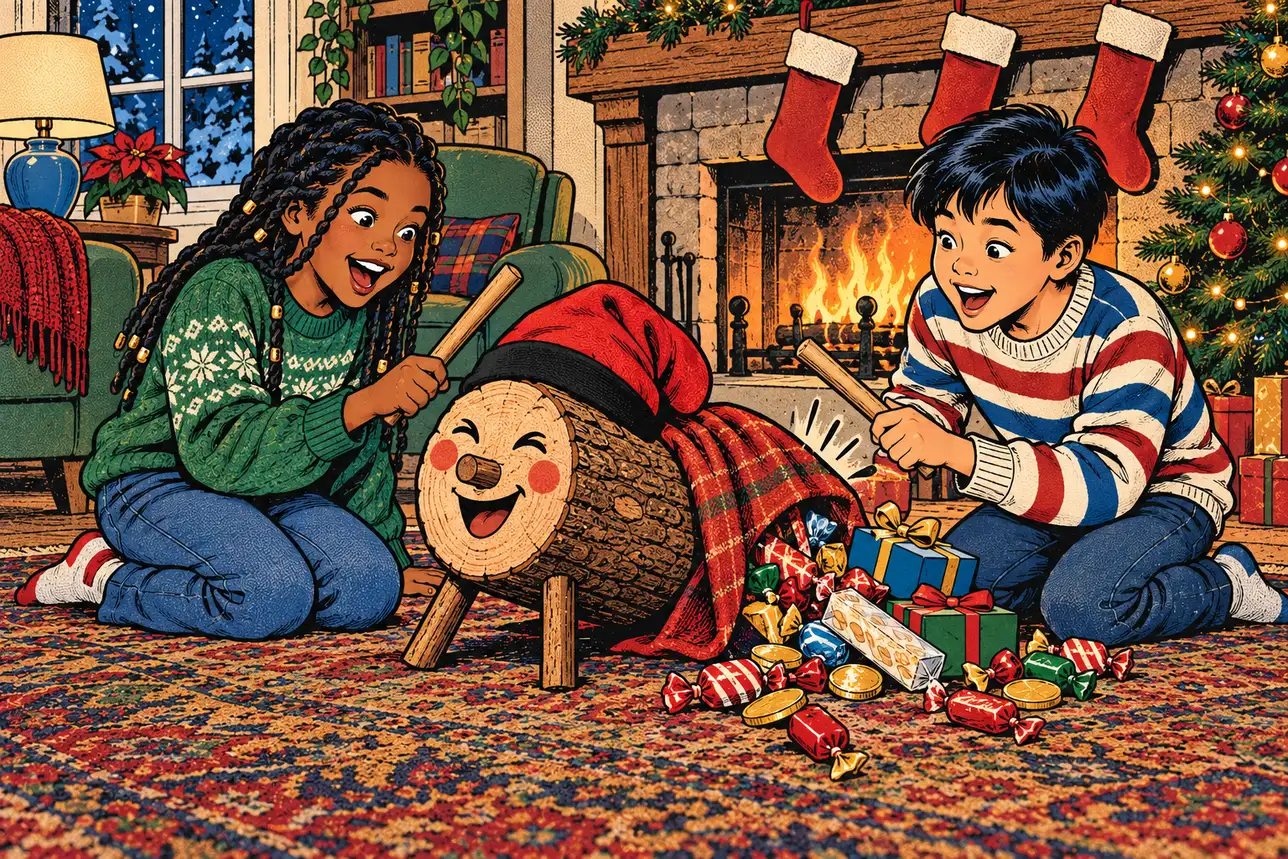 By a fireplace hung with stockings, two kids tap a Christmas log with a painted face while candy and gifts pour out from under its blanket.