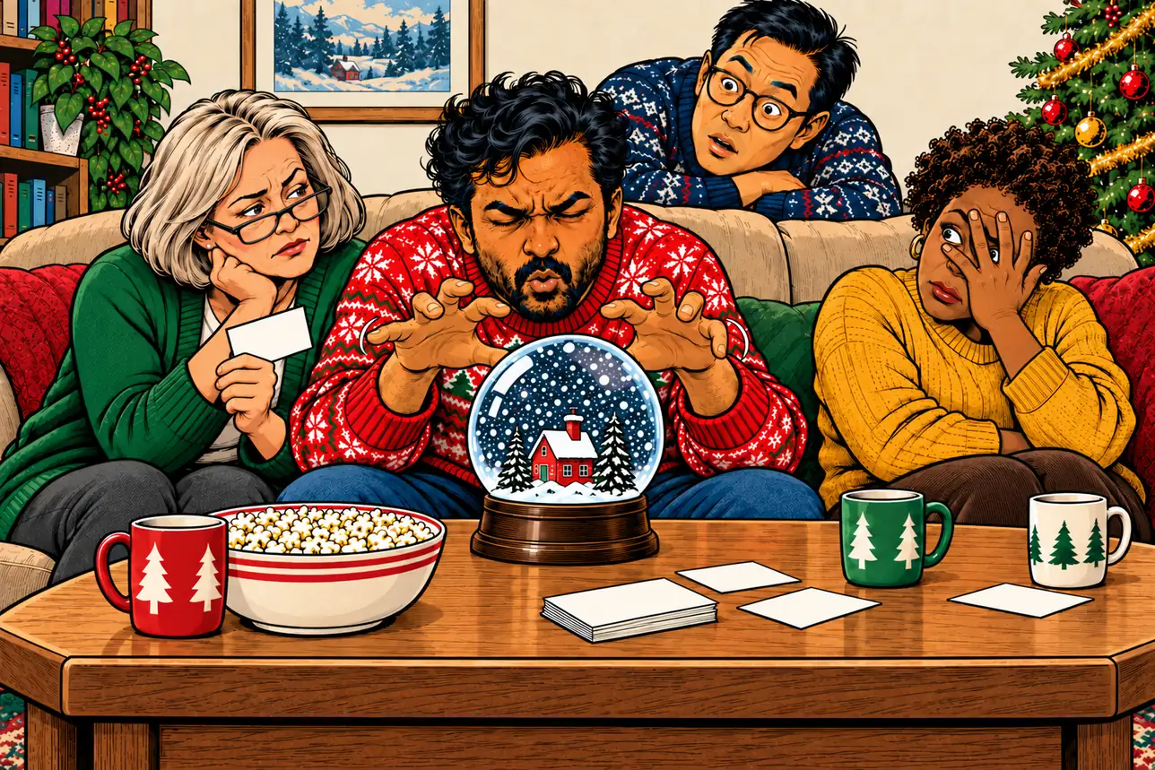 At a Christmas trivia night, a man in a red sweater peers into a snow globe like a crystal ball while one friend frowns, one gapes from behind the sofa and one face-palms.