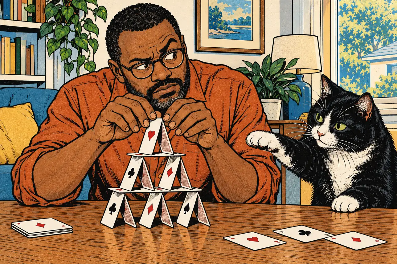 A man builds a house of cards while a black-and-white cat reaches towards it with one paw.
