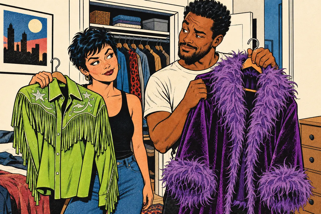 Two people exchange doubtful looks while holding a green fringed shirt and a purple feather-trimmed coat.