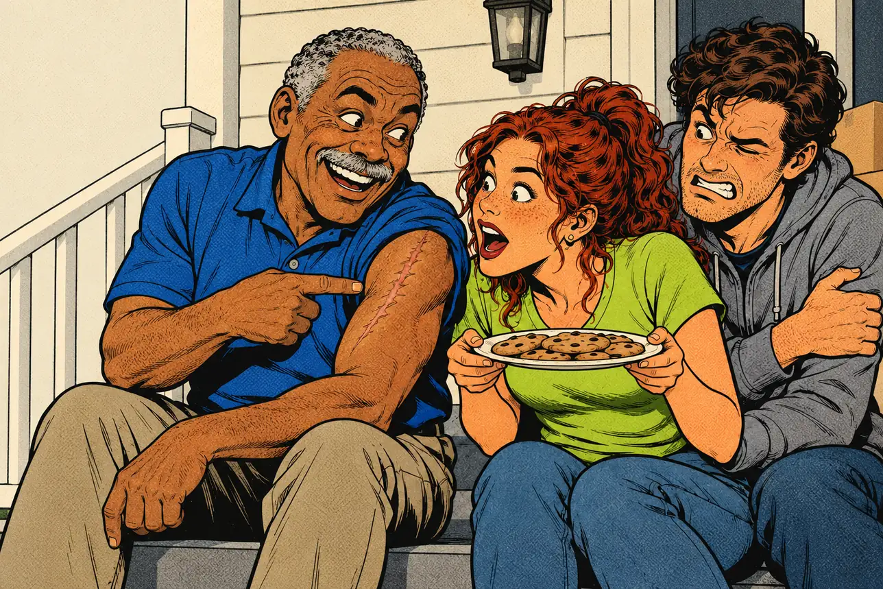 On a front porch, an older man laughs as he points at the long scar on his arm, mid-story, while his new neighbor gasps over a plate of cookies and her boyfriend winces behind her, gripping his own arm.