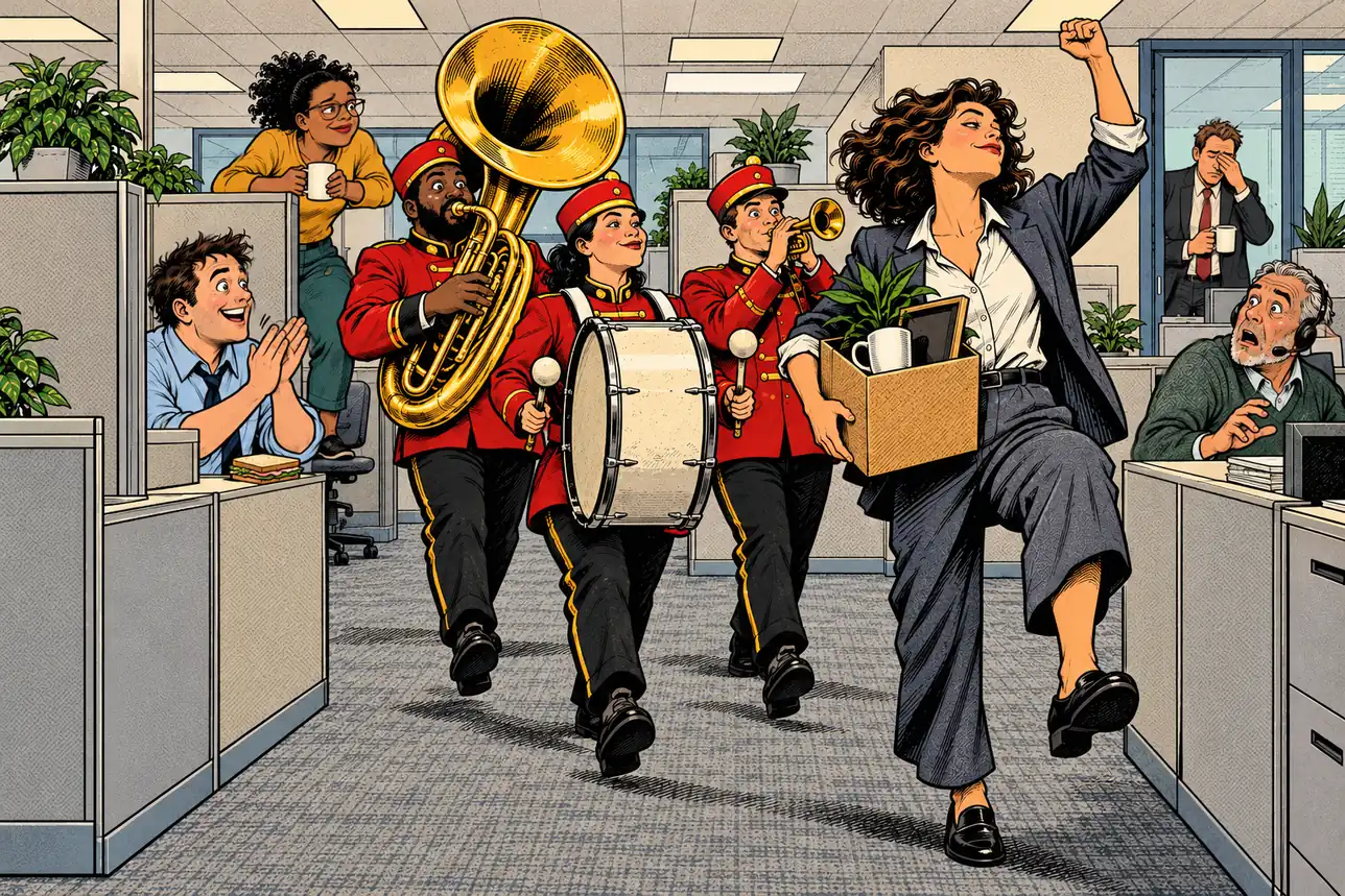 A woman high-steps out of the office with her box of desk things and a fist in the air, leading a tuba, a bass drum and a trumpet in red band uniforms, while one coworker grins and claps, another watches over the cubicle with her coffee, the boss rubs his eyes in the doorway and a man on a headset gapes.