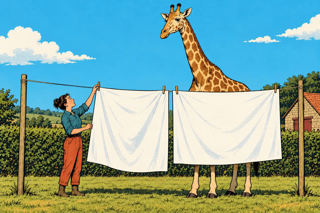 A woman hangs sheets on a washing line while a giraffe towers above its hiding place.