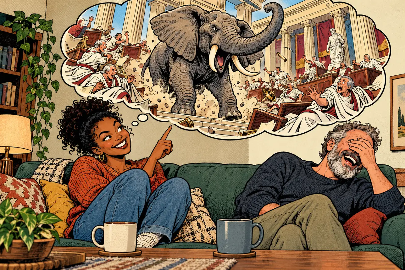 A woman on a sofa points up at her thought bubble, where a furious elephant storms the Roman Senate, as her friend laughs.