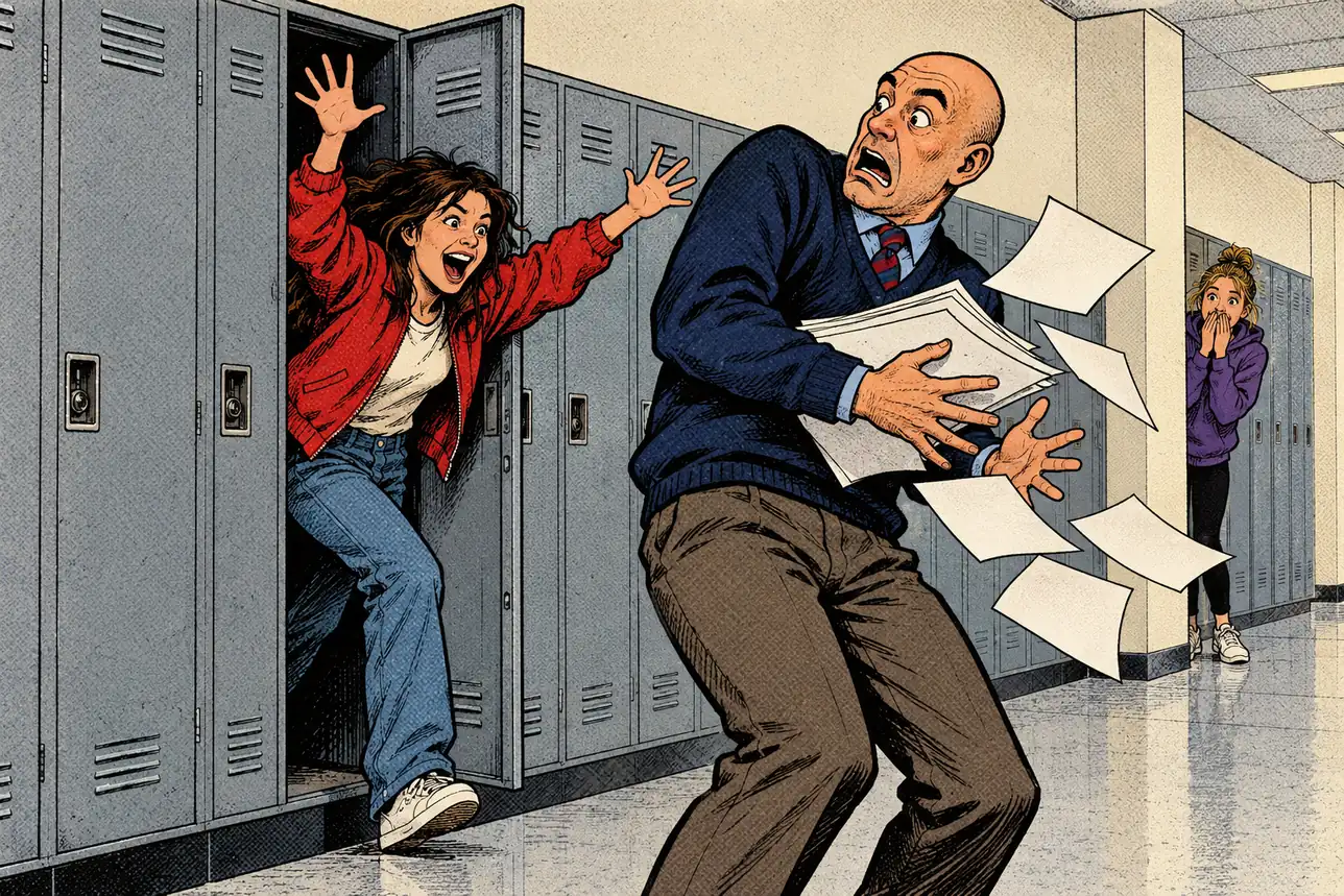 In a school hallway, a teenage girl jumps out of an open locker and the vice principal flinches back, his papers flying, while her friend down the hall covers her mouth.