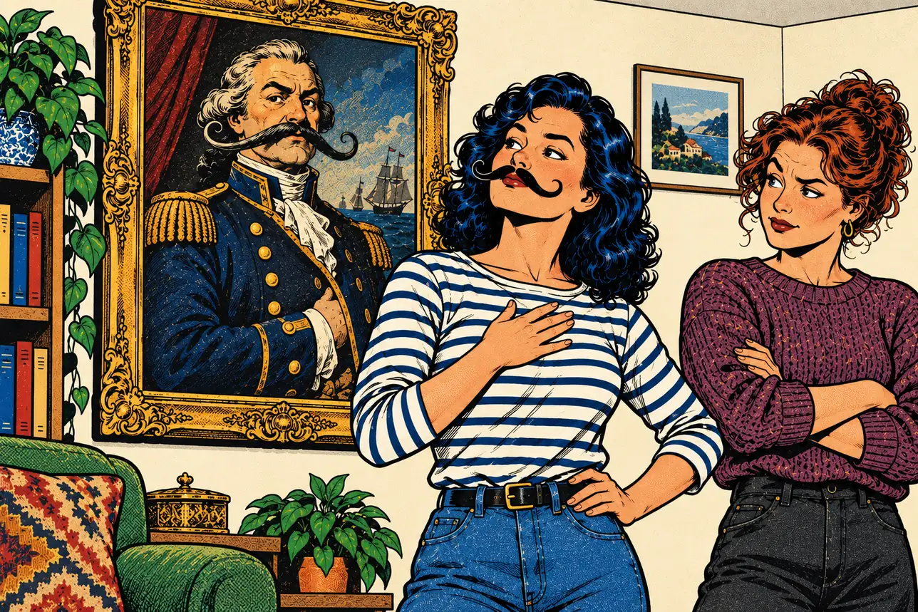 A woman wears a false moustache to match a grand portrait as her friend watches.