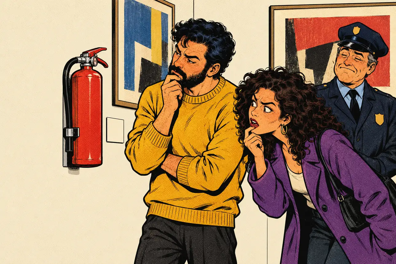 I et kunstgalleri står en skægget mand i en sennepsgul sweater med hagen i hånden og studerer en brandslukker, der hænger på væggen ved siden af to malerier, mens hans veninde i en lilla frakke læner sig frem med en finger mod læberne, og en vagt ser uimponeret til.