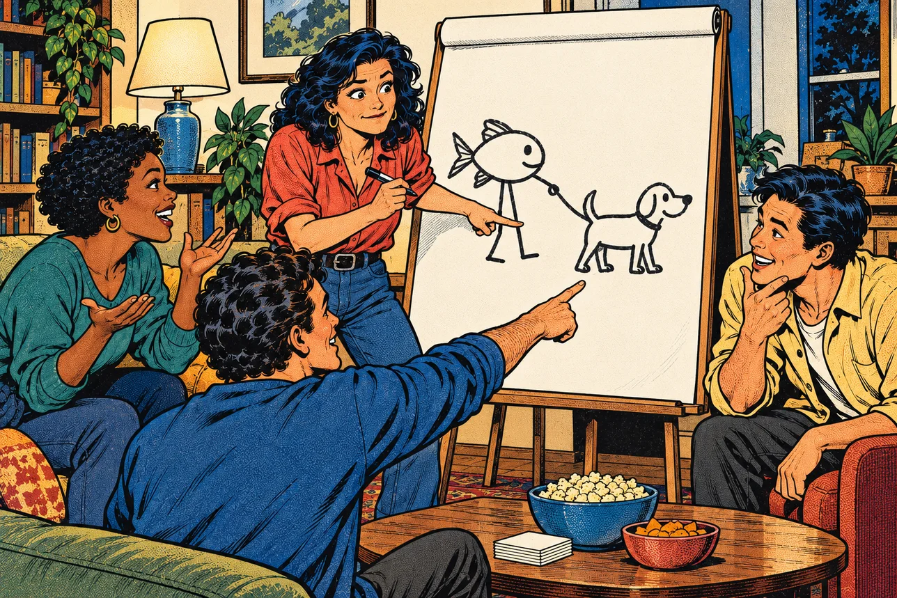 A woman points to her sketch of a fish walking a dog while three friends try to guess it during a game of Pictionary.