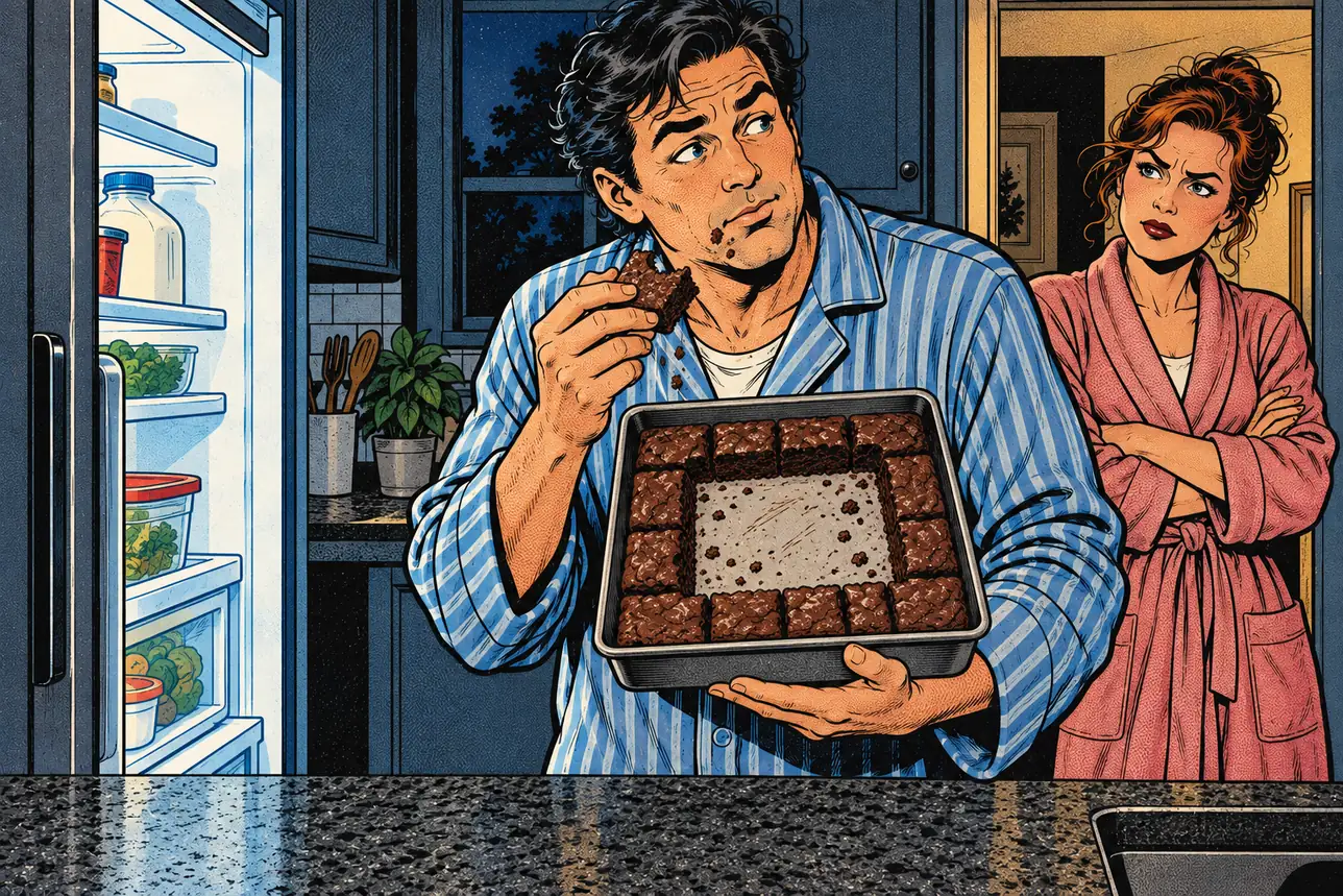 At the open fridge at night, a man holds a brownie pan with only the edges left while his partner frowns in the doorway.