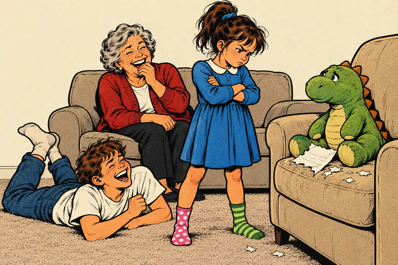 A girl in a blue dress crosses her arms and lectures a stuffed dinosaur sitting next to her torn homework, while her grandma laughs on the couch and her brother rolls on the carpet.