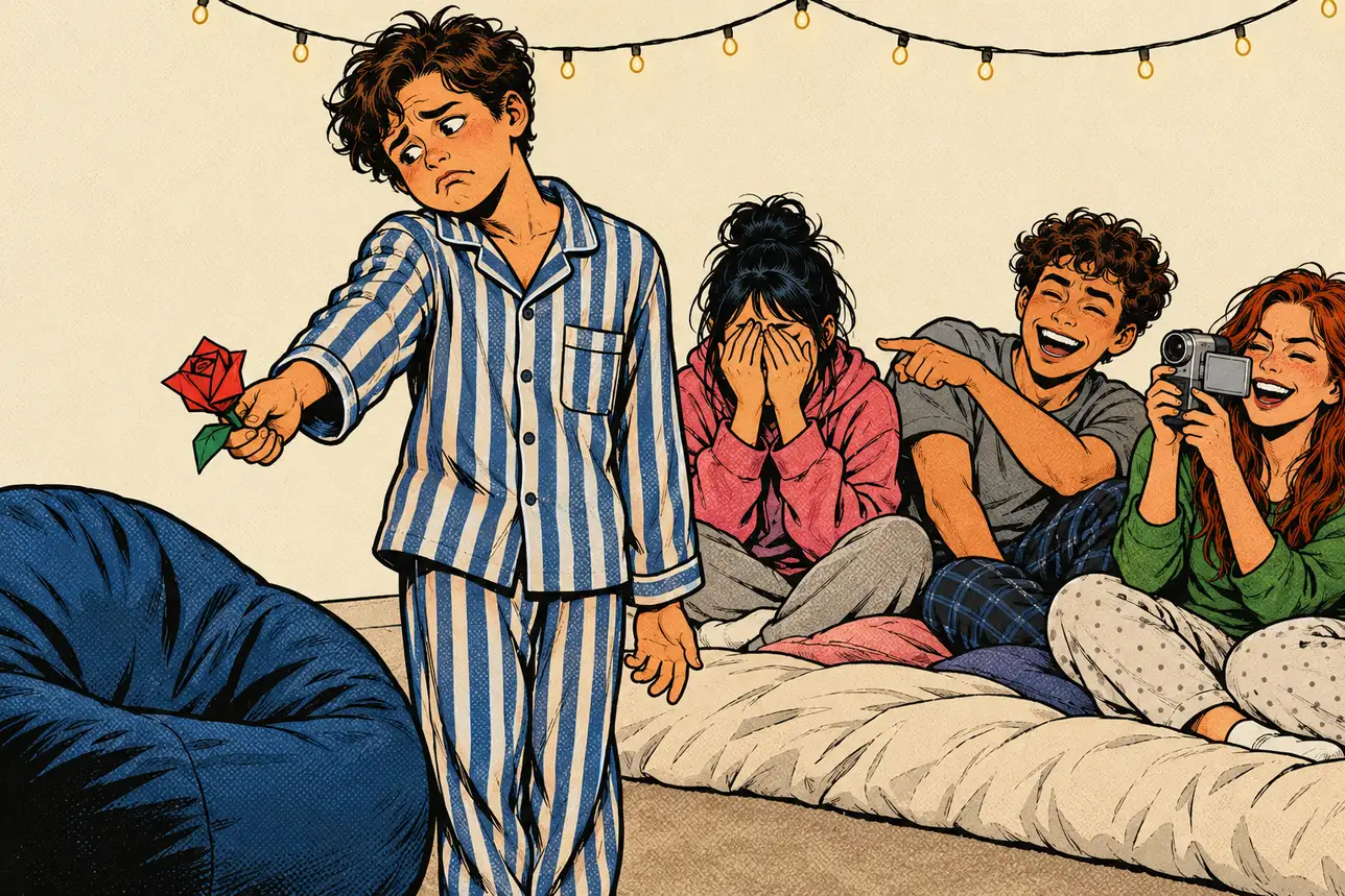 At a sleepover, a boy in striped pajamas holds out a paper rose to an empty beanbag and looks crushed, while his friends on a mattress cover their faces, point and film.