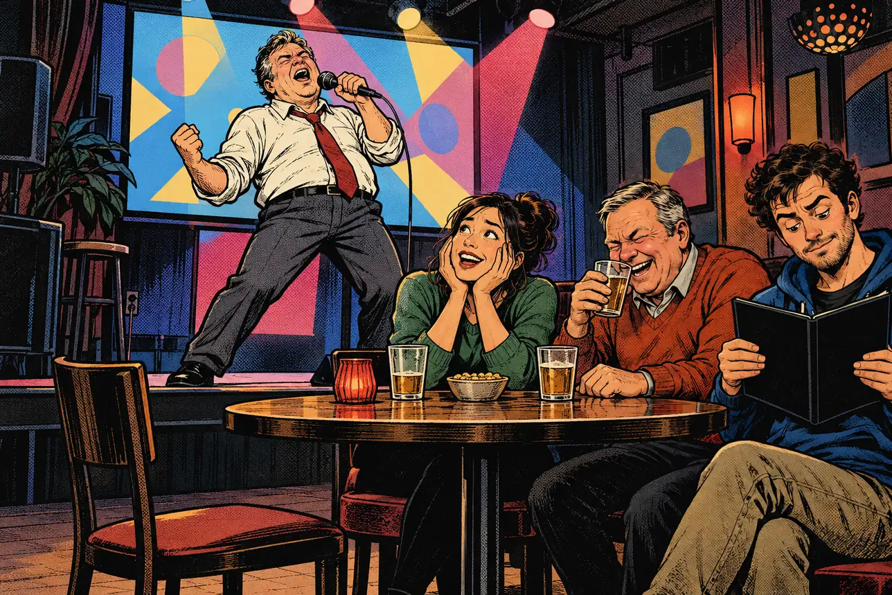 At karaoke a man in a loosened tie belts out a song with his eyes shut while one coworker beams, another laughs into his beer and a third plots his own turn behind the song binder.