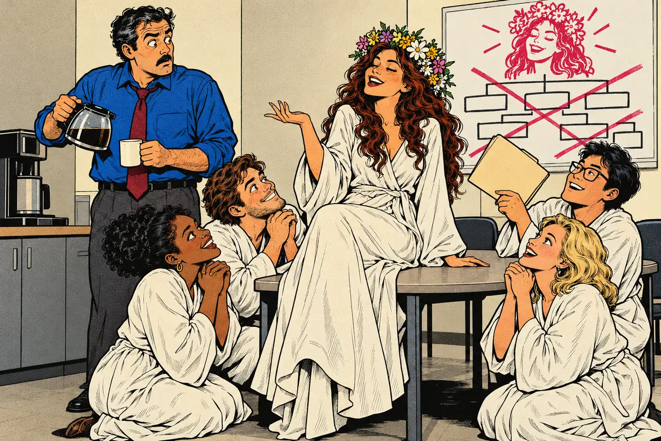 In an office break room, a man frozen at the coffee machine stares at his co-worker, who sits on the table in a robe and flower crown while robed colleagues kneel around her and the org chart behind is crossed out with her face drawn at the top.