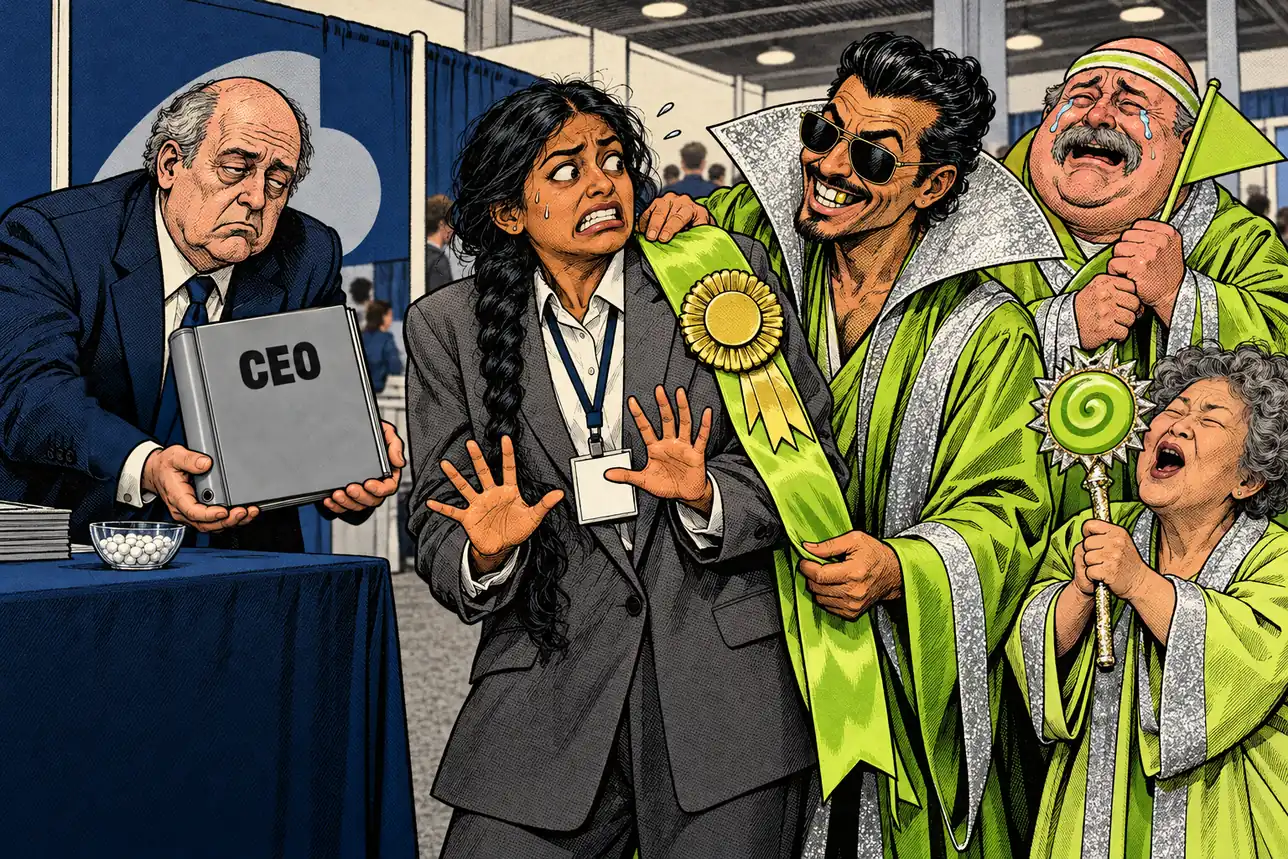 At a job fair, robed cult recruiters drape a pageant sash on a grimacing woman in a suit while a weary recruiter holds out a binder marked CEO.
